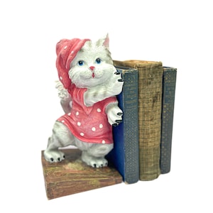Vintage Whimsical Kitty Cat In Pink & White Polkadot Pajama Nighty And Matching Hat  Bookend 10”