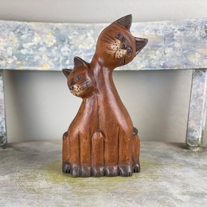 Vintage Hand Carved Wooden Figurine Of Adult Cat With Kitten Handmade
