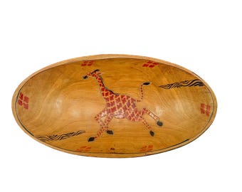 Vintage oval Hand-Carved African Folk Art Bowl— Running Danceing Giraffes hand carved wood key/candy dish 11.5”