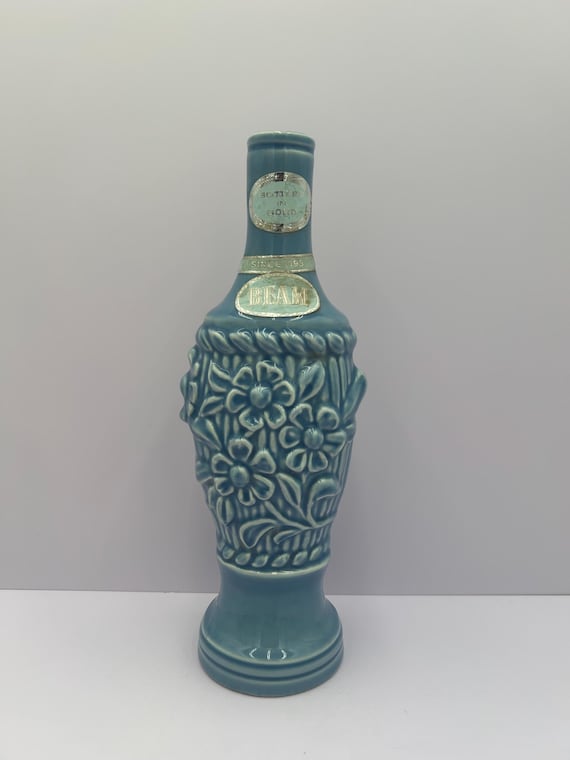 Vintage 1967 Jim Beam Blue Floral Decanter, Empty Liquor Bottle