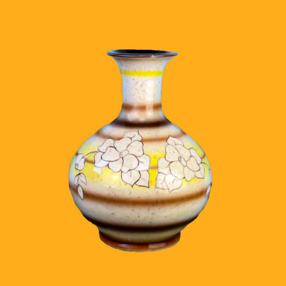 ●MID CENTURY MODERN DESIGN FLOWER VASE● Mid-century Modern Ceramic Vase With Floral Design, 12 Inch, Brown
