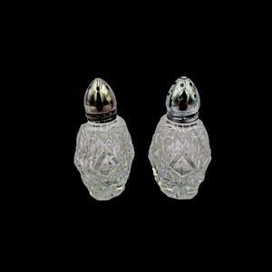 Elegant Vintage Bohemia Glass Salt and Pepper Shakers, Diamond Cut Pattern, Silver Tops 3”