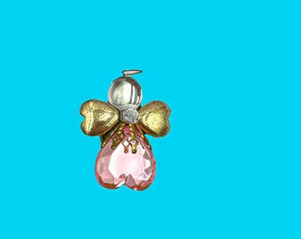 Vintage Angel Heart Brooch - Pink Crystal & Gold Tone Wings - Cherub Pin - Heavenly Gift 1.25”