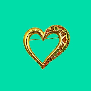 Vintage Gold Tone Open Heart Brooch Pin with Enamel Accents - Valentine&#39;s Day Jewelry Gift 1.75”
