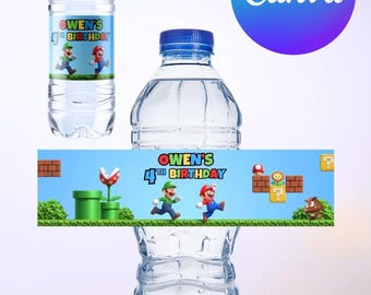 Mario Themed Birthday Party Water Bottle Labels | Digital Download | Customize with Canva