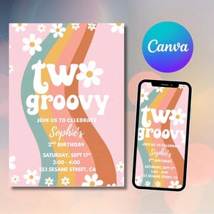 Två groovy 2-årsinbjudningar | Retro 70-tals pastellfärgade regnbågsprästkragar (digital nedladdning)