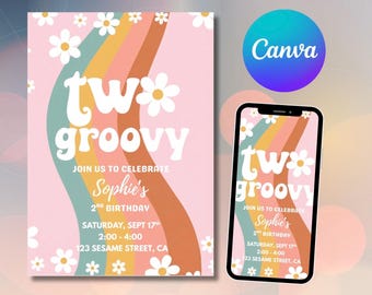 Two Groovy 2nd Birthday Invitation | Retro 70s Pastel Rainbow Daisies (Digital Download)