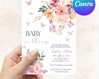 Baby In Bloom Baby Shower Invitation | Digital Download | Edit with Canva