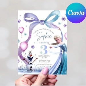 May include: A birthday party invitation featuring Elsa from Frozen. The invitation has a purple and blue ribbon design with the text "Sophie is turning 3". Includes Olaf the snowman and pink balloons. The Canva logo is in the upper right corner.