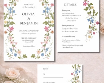 Floral Wedding Invitation Set | Invitation, RSVP & Details Card | Vintage Botanical Canva Template (Digital Download)