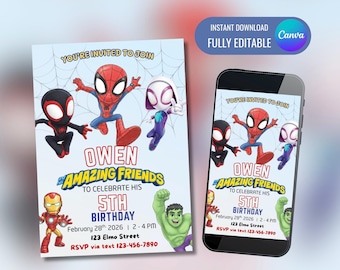 Spidey and Friends Spider-Man Inspired Birthday Invitation | Editable Canva Template (5x7 Invite)