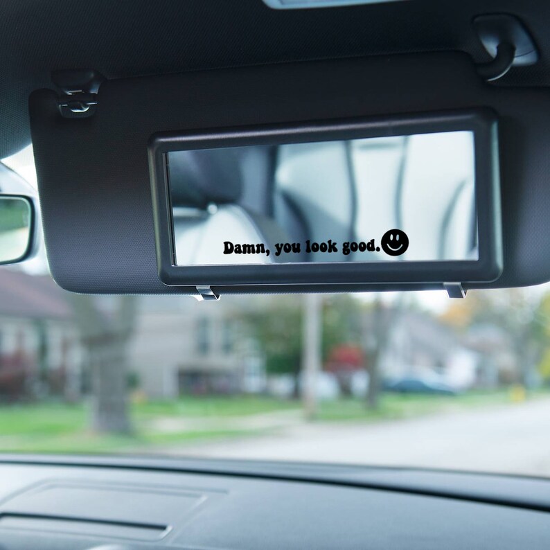 Rear View Mirror Decal, Sun Visor Mirror Decal, Damn, You Look Good, Smiley Face Decal Sticker, Trendy Car Decal image 3