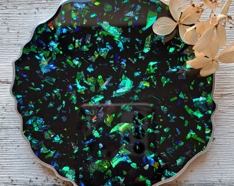 Untersetzer/Coaster aus Resin (Epoxidharz) in schwarz mit Hologlitzer, Tischdeko, Deko für Esszimmer