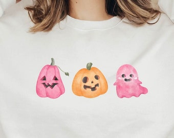 Halloween Crewneck Sweatshirt Vrouwen Herfst Shirt of Hoodies voor Spooky Season, Roze Pompoenen
