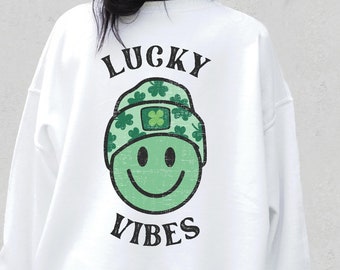 St Patrick's Day Shirt for Woman Trendy St. Patty's Day Hoodie Lucky Vibes Retro Shamrock Words on Back Hoodie Unisex Aesthetic Clothing