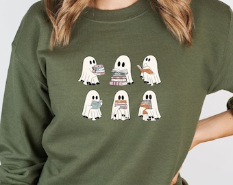 Ghost Reading Books Sweatshirt: Spooky Season Halloween Pullover