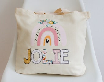 Personalized Rainbow Kids Tote Bag: 100% Cotton Canvas