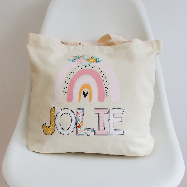 Personalized Kids Name Rainbow Tote Bag for School, Daycare, Preschool