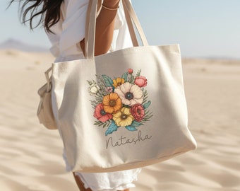 Bridesmaid Tote Bag Personalized with Custom Name - Floral Tote Bag