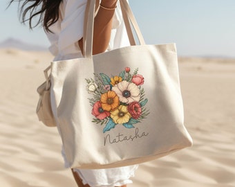 Personalized Floral Bridesmaid Tote Bag: Custom Name Beach Bag