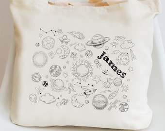 Personalisierte Kinder Name Custom Tote Bag für Schule, Kindergarten, Vorschule - Space Themed Doodles