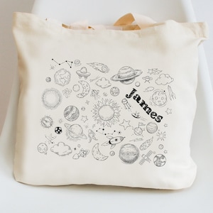 Sac fourre-tout personnalisé avec nom d'enfant pour l'école, la garderie, l'école maternelle - Doodles sur le thème de l'espace