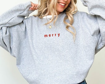 Embroidered Christmas Sweatshirt Merry Minimalist Hoodie