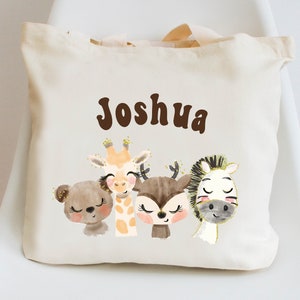 Gepersonaliseerde Kids Name Tote Bag voor Preschool, Daycare, Library - Cute Jungle Animal Totes