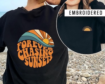 Embroidered Sunset Sweatshirt: Forever Chasing Sunsets Graphic Hoodie
