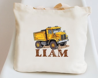 Bolso de mano personalizado con nombre para niños para la escuela, guardería, preescolar - Camiones de construcción