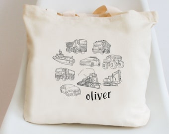 Personalized Kids Name Custom Tote Bag for School, Daycare, Preschool - Vehicle Theme Construction Doodles