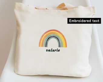 Personalized Kids Name Rainbow Tote Bag Embroidered Text Bag for School, Daycare, Preschool, Montessori