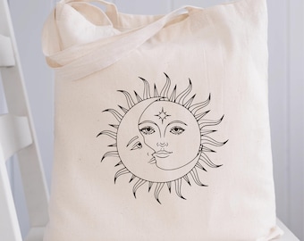 Celestial Sun and Moon Canvas Tote Bag, Astrology Gift