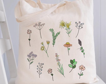 Tote Bag for Women Aesthetic Wildflower Bag Canvas Aesthetic Floral Print Tote Bag Flower Tote Farmers Market Eco Friendly Sustainable Bag