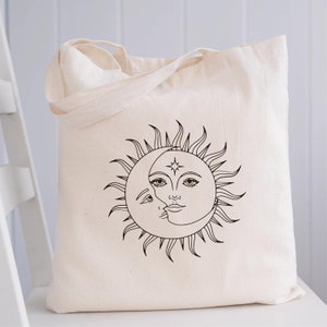 Celestial Sun and Moon Canvas Tote Bag Aesthetic