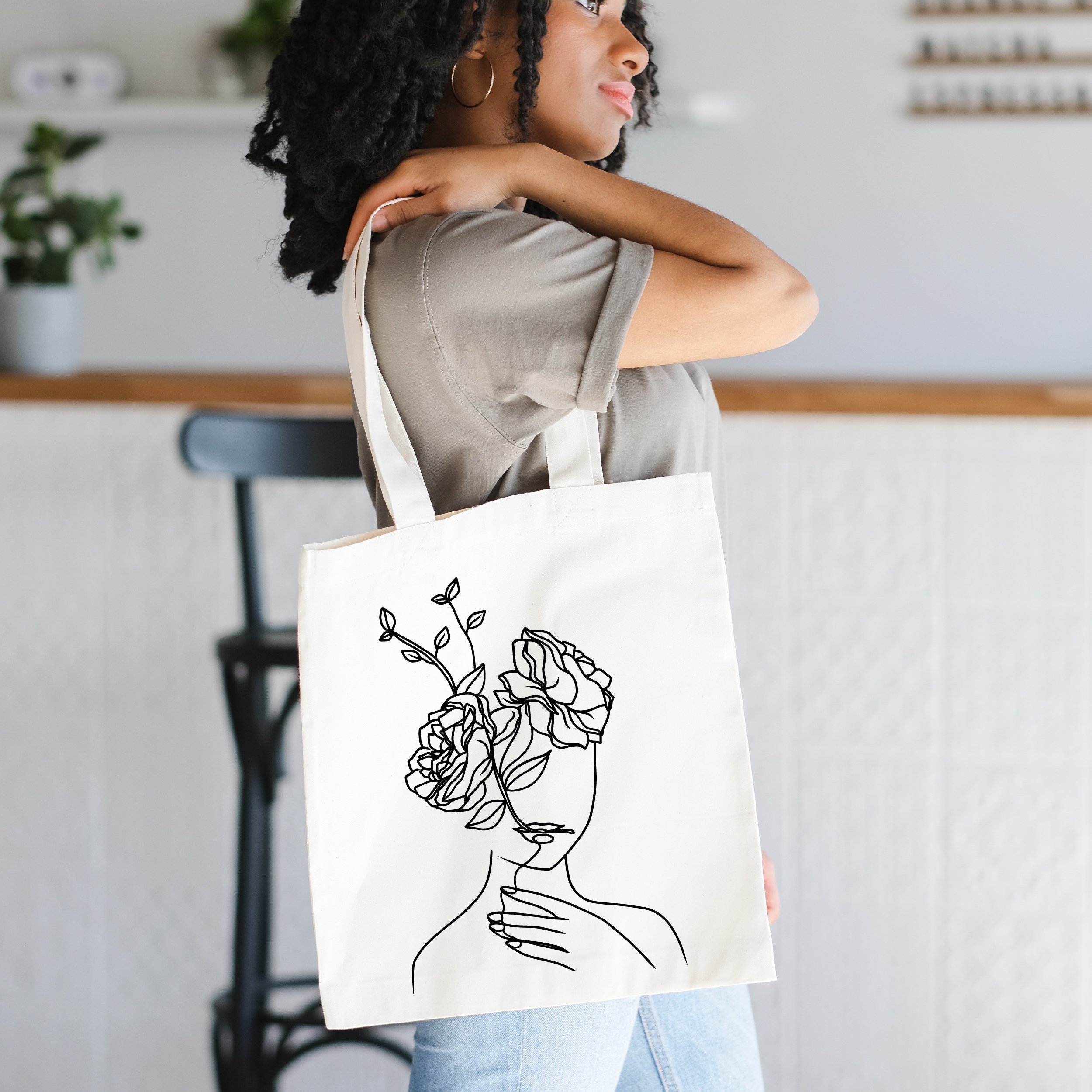 Cute Tote Bags Aesthetic Canvas Women's Face Flower Line Art