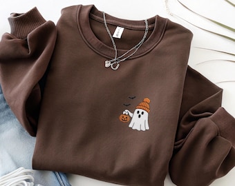 Embroidered Halloween Ghost Sweatshirt Crewneck - Spooky Ghost