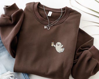 Embroidered Halloween Ghost Sweatshirt Crewneck - Spooky Ghost Iced Coffee