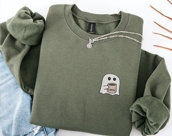 Embroidered Halloween Ghost Sweatshirt Crewneck - Spooky Ghost Coffee Lover
