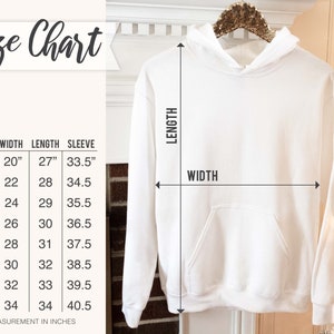 May include: Size chart for a white hoodie with measurements in inches for width, length, and sleeve length. Sizes range from S to 5XL.