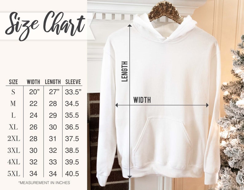 May include: Size chart for a white hoodie with measurements in inches for width, length, and sleeve length. Sizes range from S to 5XL.