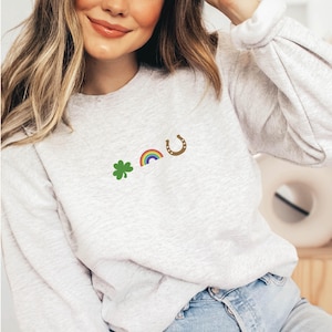 Embroidered St. Patrick&#39;s Day Sweatshirt: Shamrock Rainbow Pullover