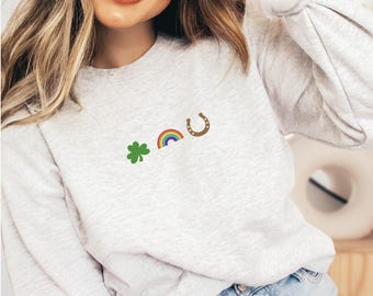 Embroidered St. Patrick's Day Sweatshirt: Shamrock Rainbow Pullover