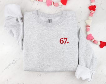 Embroidered 67 Sweatshirt: Minimalist Style Funny Meme Sweater
