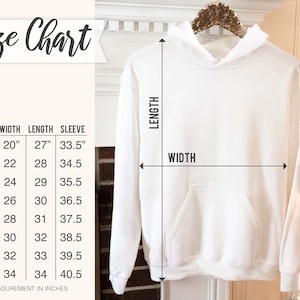 May include: Size chart for a white hoodie with measurements in inches for width, length, and sleeve length. Sizes range from S to 5XL.