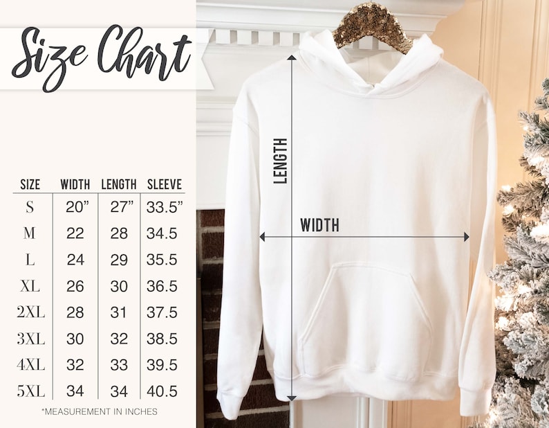 May include: Size chart for a white hoodie with measurements in inches for width, length, and sleeve length. Sizes range from S to 5XL.