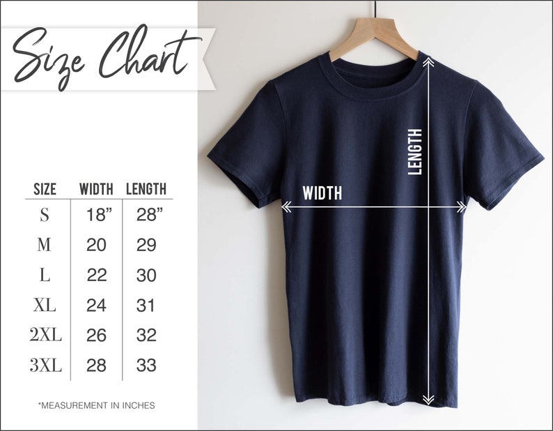 May include: Size chart for a t-shirt showing width and length measurements in inches. Sizes include S, M, L, XL, 2XL, and 3XL.