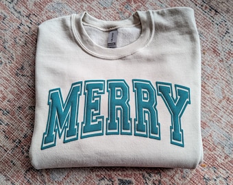 Christmas Sweatshirt for Women Puff Print Merry Christmas Green Emboss