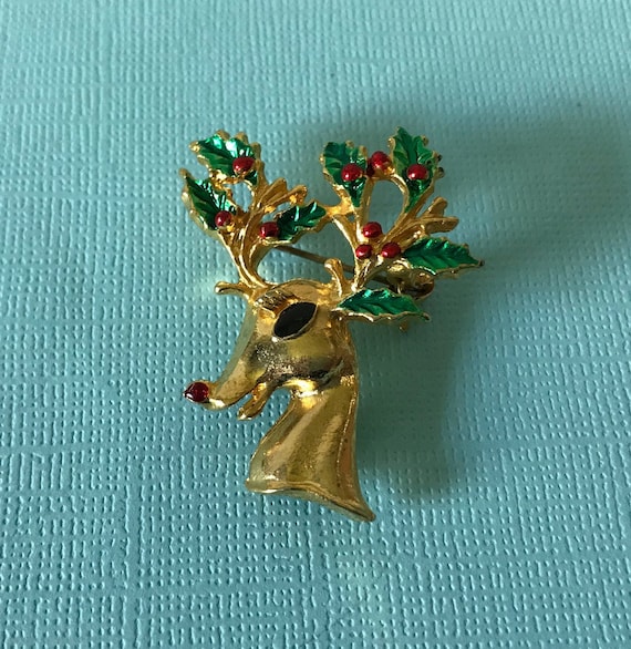 Vintage rudolph pin, reindeer brooch, Christmas p… - image 1