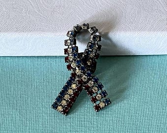 Vintage USA ribbon brooch, rhinestone Usa ribbon pin, MAGA, red white and blue ribbon pin, patriotic jewelry, patriotic brooch, 4th of July